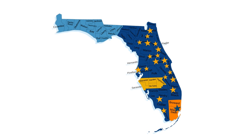 Florida service-area map showing Easterseals locations across the state